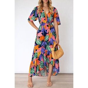 Abel the Label Tropical Leaf Print Midi Dress | Resort Vacation Colourful Size M